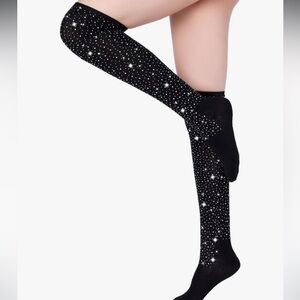 Black Pink white crystal rhinestone over knee socks striped rave sexy